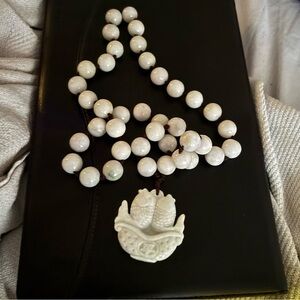 White Beaded Necklace with Pendant Necklace White Jade from Okinawa Japan